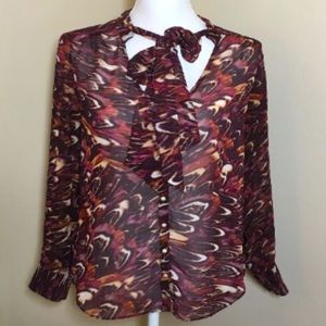 Bebe Tie Neck Ling Sleeve Blouse Petite Plumes Small